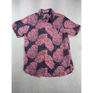 Madda Fella Mens Pink Navy Blue Tropical Leaf 100% Linen Button Down Shirt M